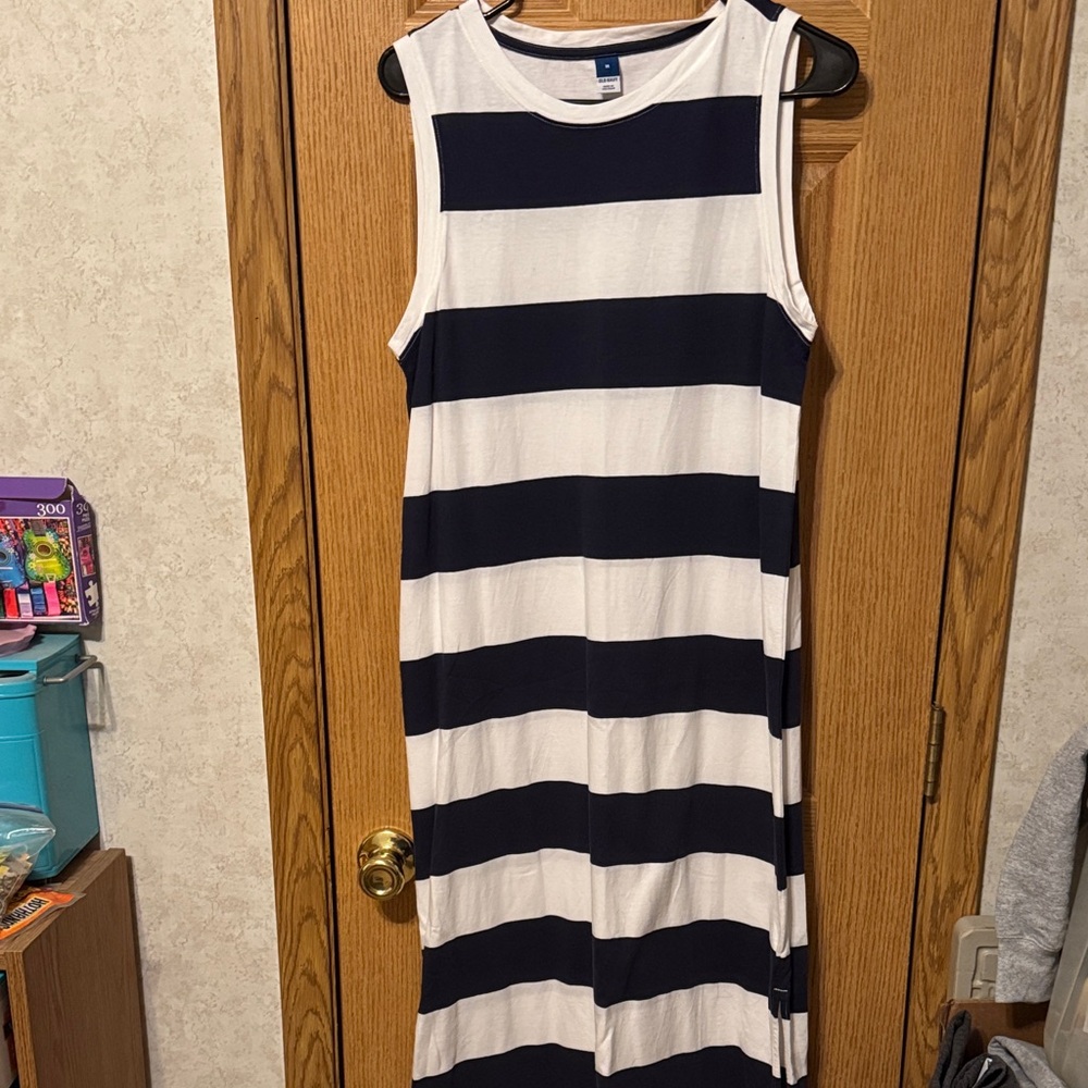 Sleeveless Navy and White Striped Maxi Dress